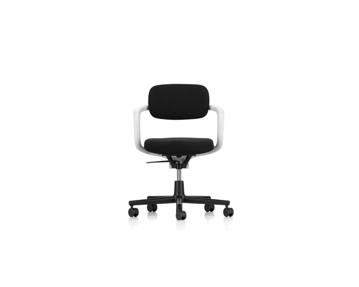 Black office chair with white armrests on a white background