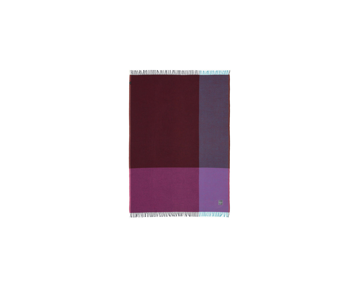 Color-blocked blanket with purple, pink, and red squares on a white background