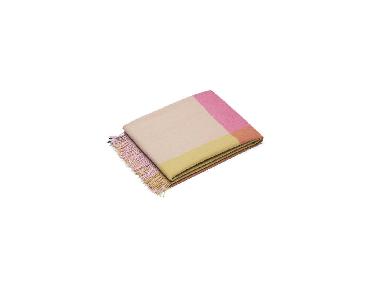 Color-blocked throw blanket with pink, yellow, and beige sections on a white background