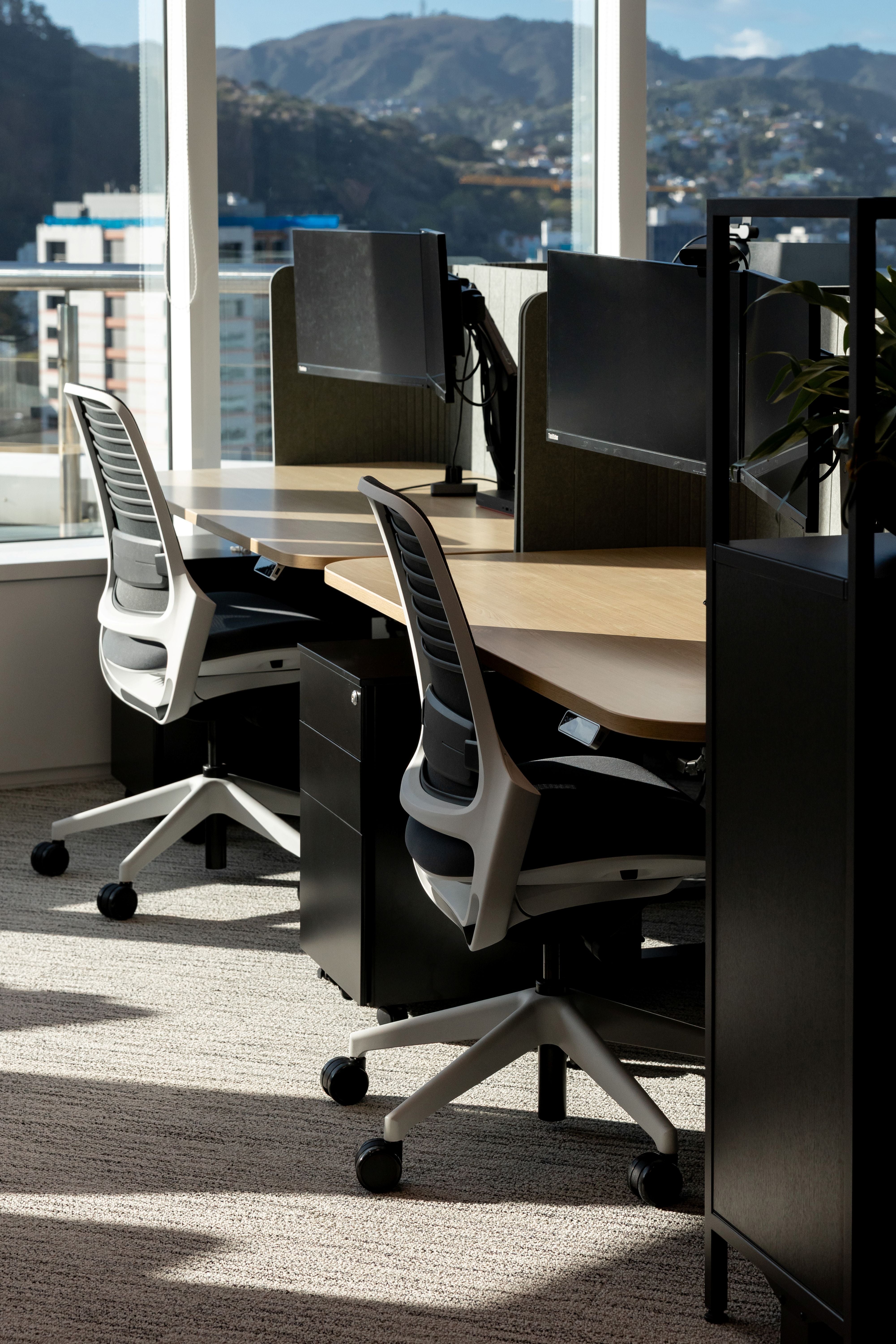 Modern office setup with desks and chairs near large windows with a scenic view.