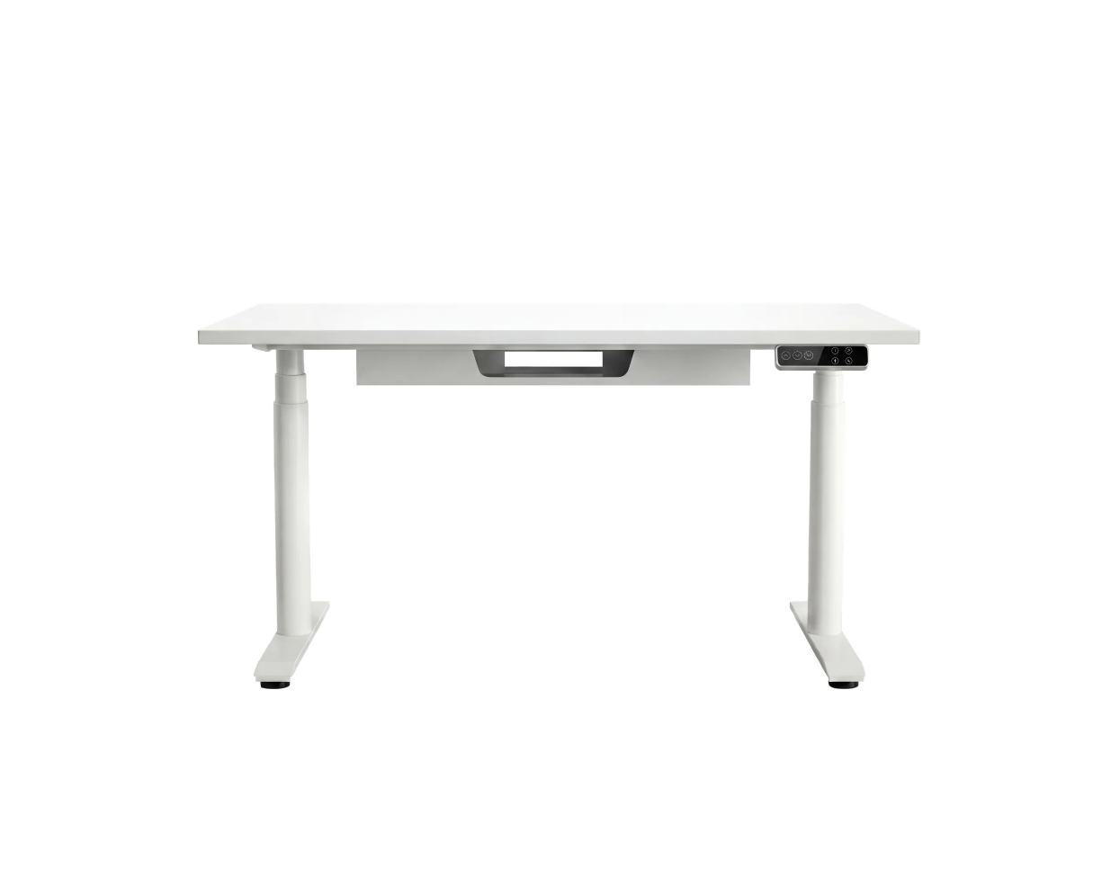 White Round Free standing sit to stand desk and top with cable tray