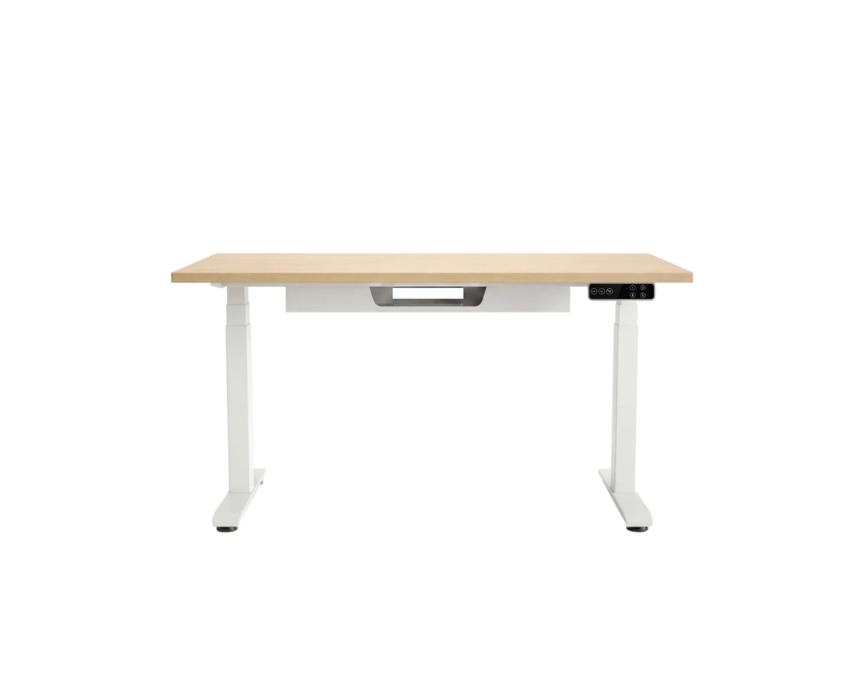 White square leg Free standing sit to stand desk and woodgrain top with cable tray