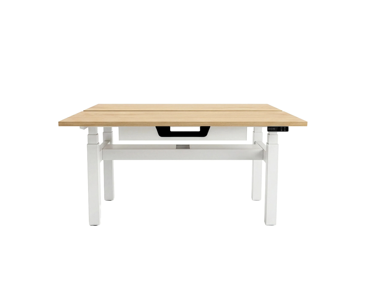 White Square leg back to back desk, with woodgrain tops and upper and lower cable trays