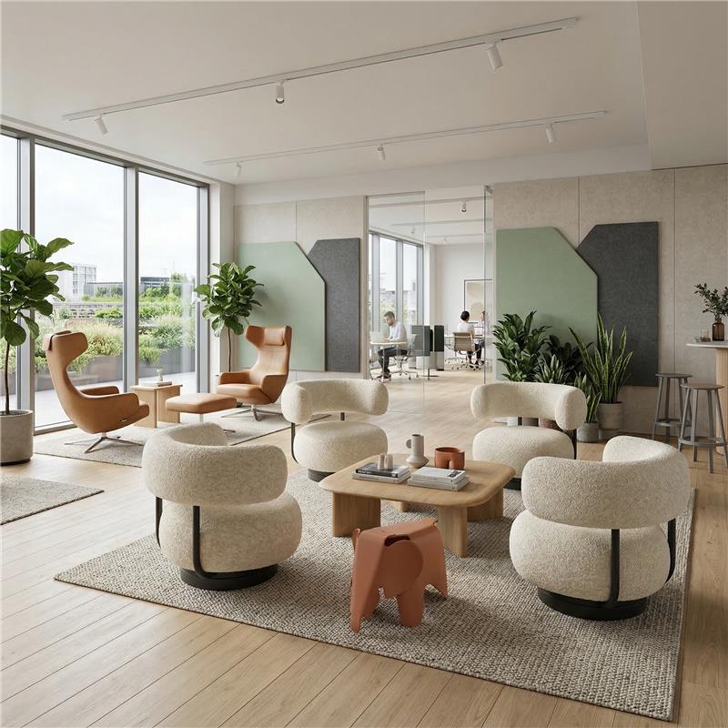 Modern living room with stylish furniture and large windows.